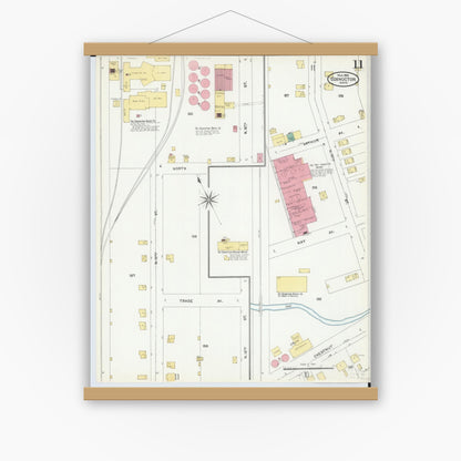 Old map wall art mockup — magnetic wood frame on white wall — Sanborn Fire Insurance Map from Coshocton, Coshocton County, Ohio (1905), Sheet #0011