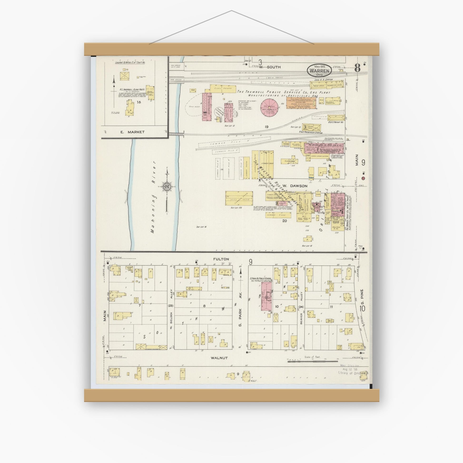 Old map wall art mockup — magnetic wood frame on white wall — Sanborn Fire Insurance Map from Warren, Trumbull County, Ohio (1915), Sheet #0008