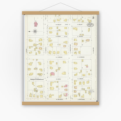 Old map wall art mockup — magnetic wood frame on white wall — Sanborn Fire Insurance Map from Monroe, Green County, Wisconsin (1908), Sheet #0003