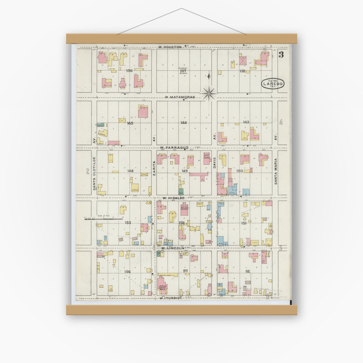 Old map wall art mockup — magnetic wood frame on white wall — Sanborn Fire Insurance Map from Laredo, Webb County, Texas (1894), Sheet #0003
