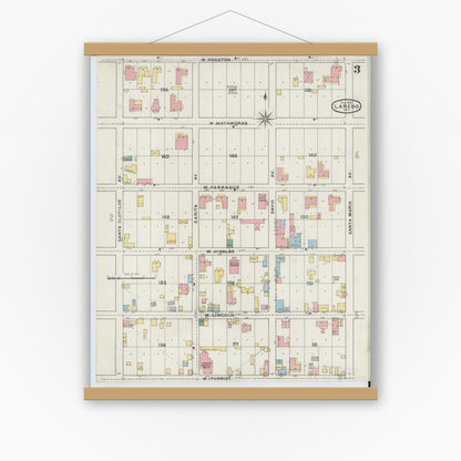 Old map wall art mockup — magnetic wood frame on white wall — Sanborn Fire Insurance Map from Laredo, Webb County, Texas (1894), Sheet #0003