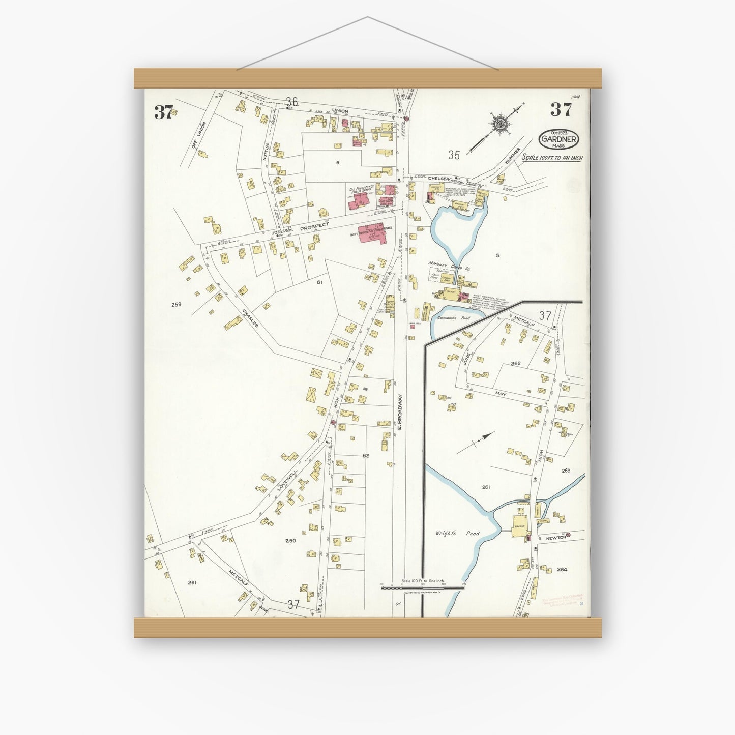 Old map wall art mockup — magnetic wood frame on white wall — Sanborn Fire Insurance Map from Gardner, Worcester County, Massachusetts (1923), Sheet #0037