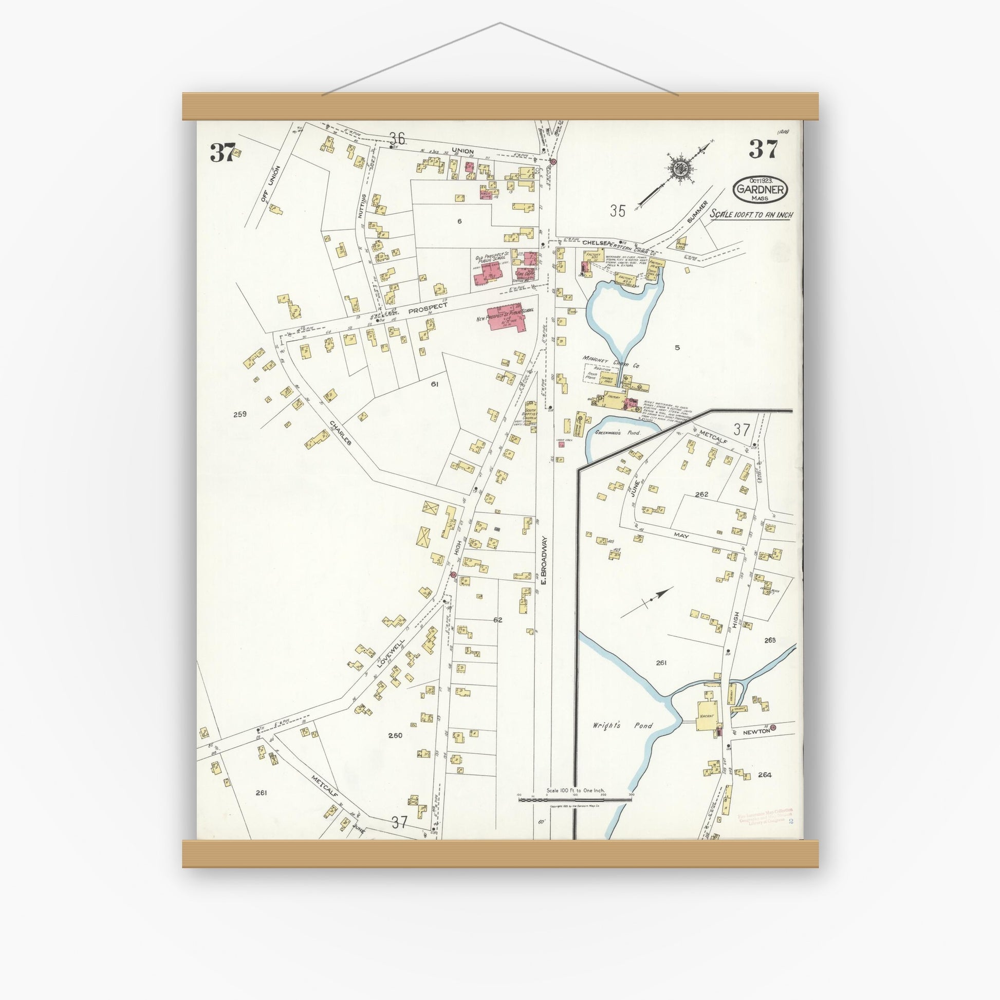 Old map wall art mockup — magnetic wood frame on white wall — Sanborn Fire Insurance Map from Gardner, Worcester County, Massachusetts (1923), Sheet #0037