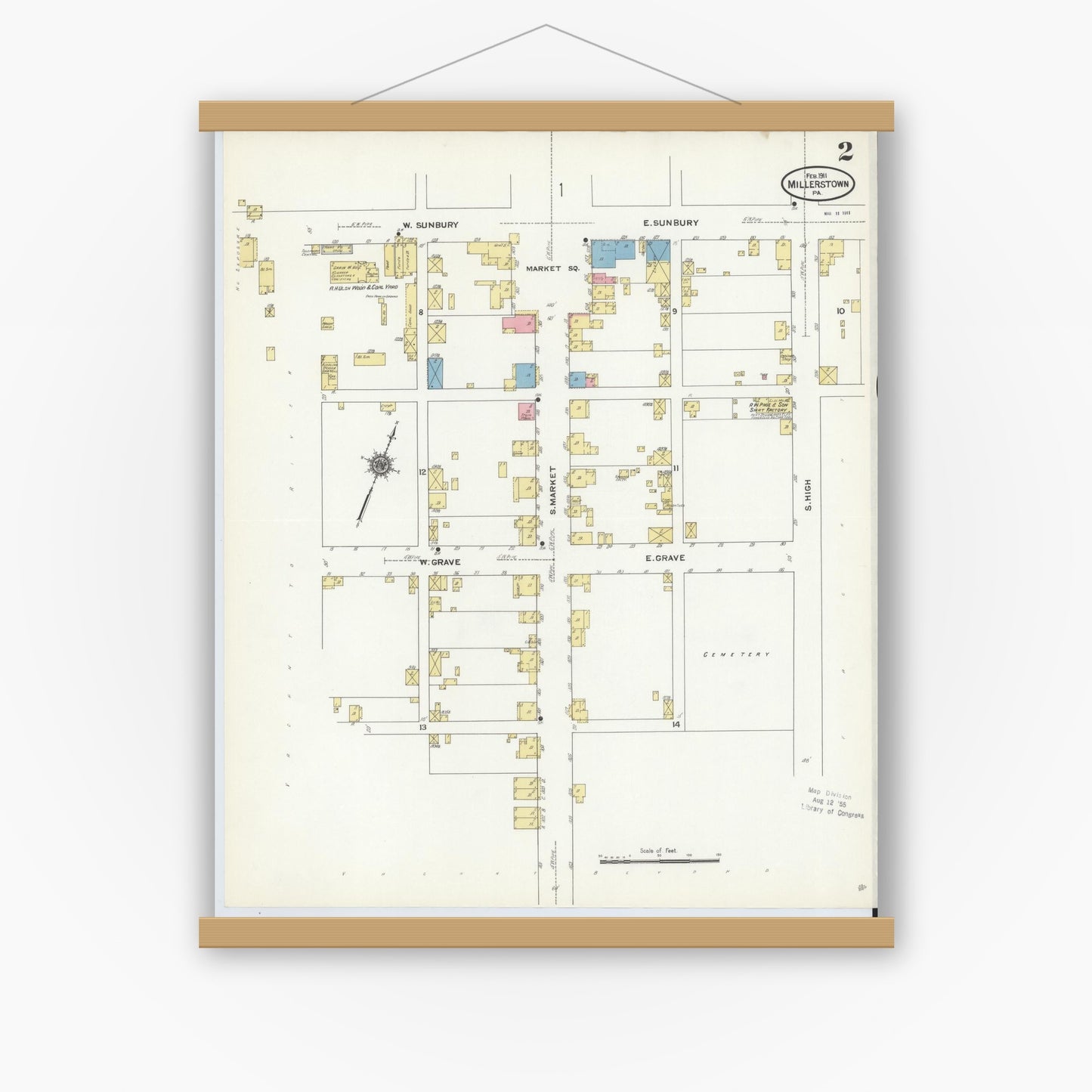 Old map wall art mockup — magnetic wood frame on white wall — Sanborn Fire Insurance Map from Millerstown, Perry County, Pennsylvania (1911), Sheet #0002