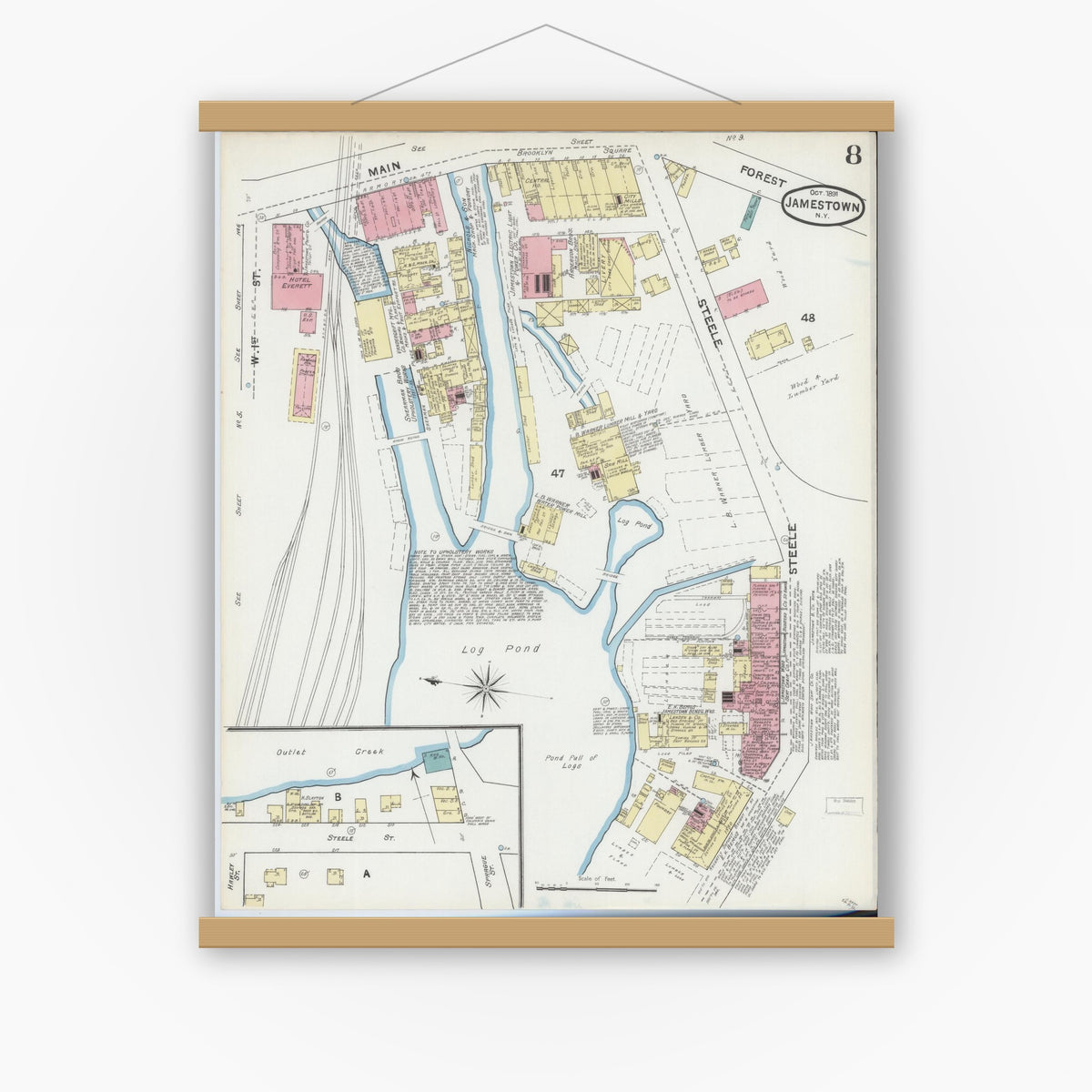 Old map wall art mockup — magnetic wood frame on white wall — Sanborn Fire Insurance Map from Jamestown, Chautauqua County, New York (1891), Sheet #0008