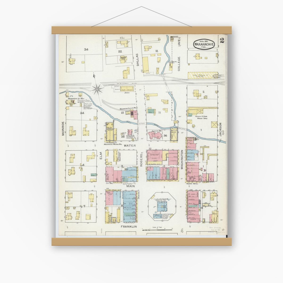 Old map wall art mockup — magnetic wood frame on white wall — Sanborn Fire Insurance Map from Waxahachie, Ellis County, Texas (1893), Sheet #0002
