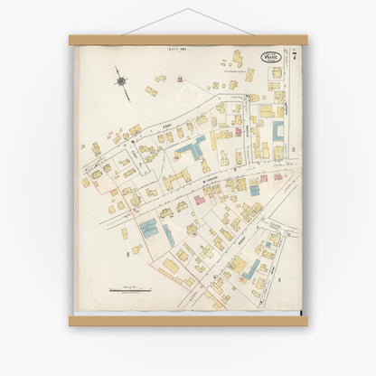 Old map wall art mockup — magnetic wood frame on white wall — Sanborn Fire Insurance Map from Ware, Hampshire County, Massachusetts (1946), Sheet #0007