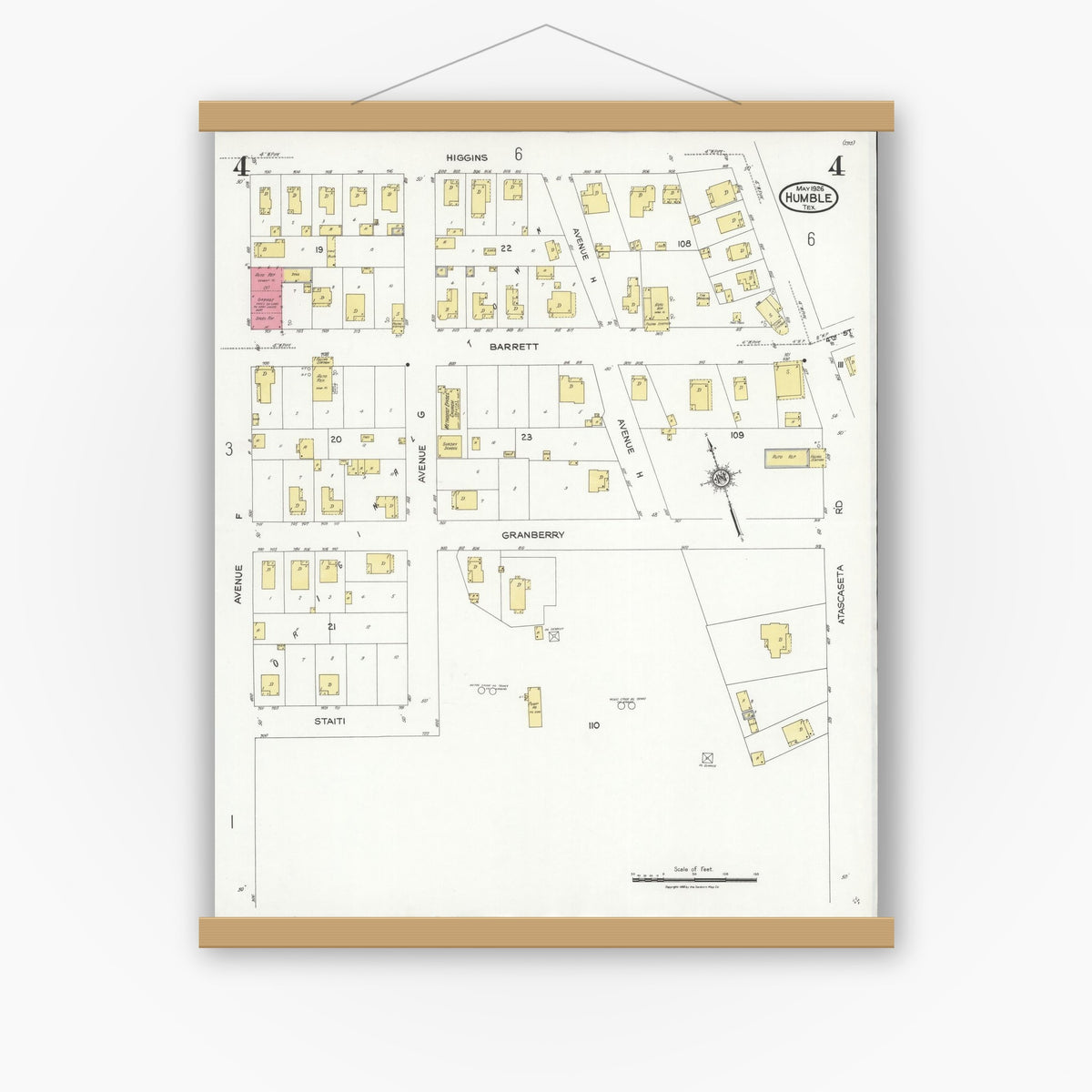 Old map wall art mockup — magnetic wood frame on white wall — Sanborn Fire Insurance Map from Humble, Harris County, Texas (1926), Sheet #0004