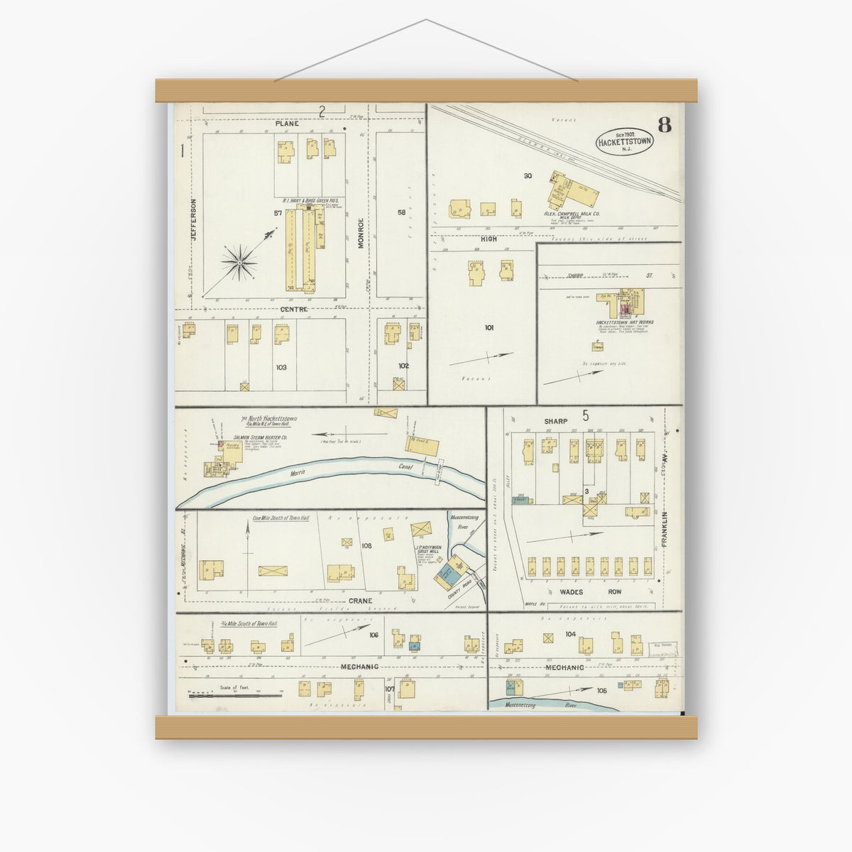 Old map wall art mockup — magnetic wood frame on white wall — Sanborn Fire Insurance Map from Hackettstown, Warren County, New Jersey (1902), Sheet #0008