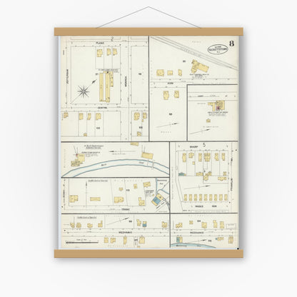 Old map wall art mockup — magnetic wood frame on white wall — Sanborn Fire Insurance Map from Hackettstown, Warren County, New Jersey (1902), Sheet #0008
