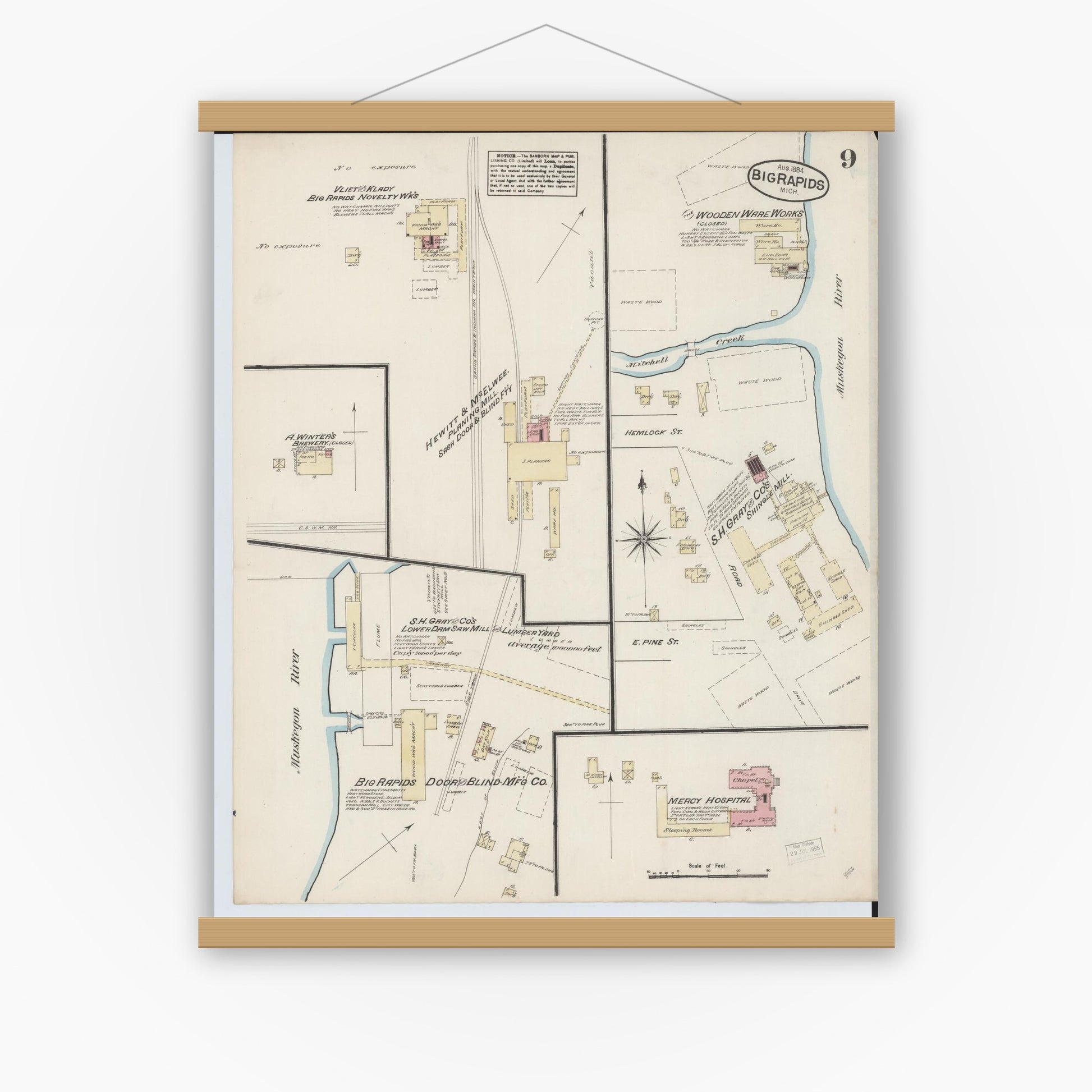 Old map wall art mockup — magnetic wood frame on white wall — Sanborn Fire Insurance Map from Big Rapids, Mecosta County, Michigan (1884), Sheet #0009