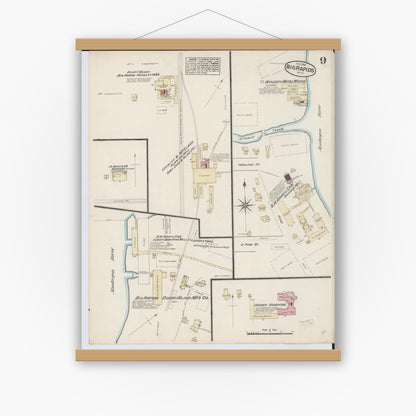 Old map wall art mockup — magnetic wood frame on white wall — Sanborn Fire Insurance Map from Big Rapids, Mecosta County, Michigan (1884), Sheet #0009
