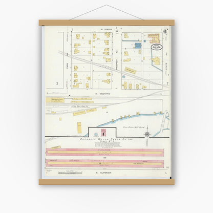 Old map wall art mockup — magnetic wood frame on white wall — Sanborn Fire Insurance Map from Alma, Gratiot County, Michigan (1917), Sheet #0006