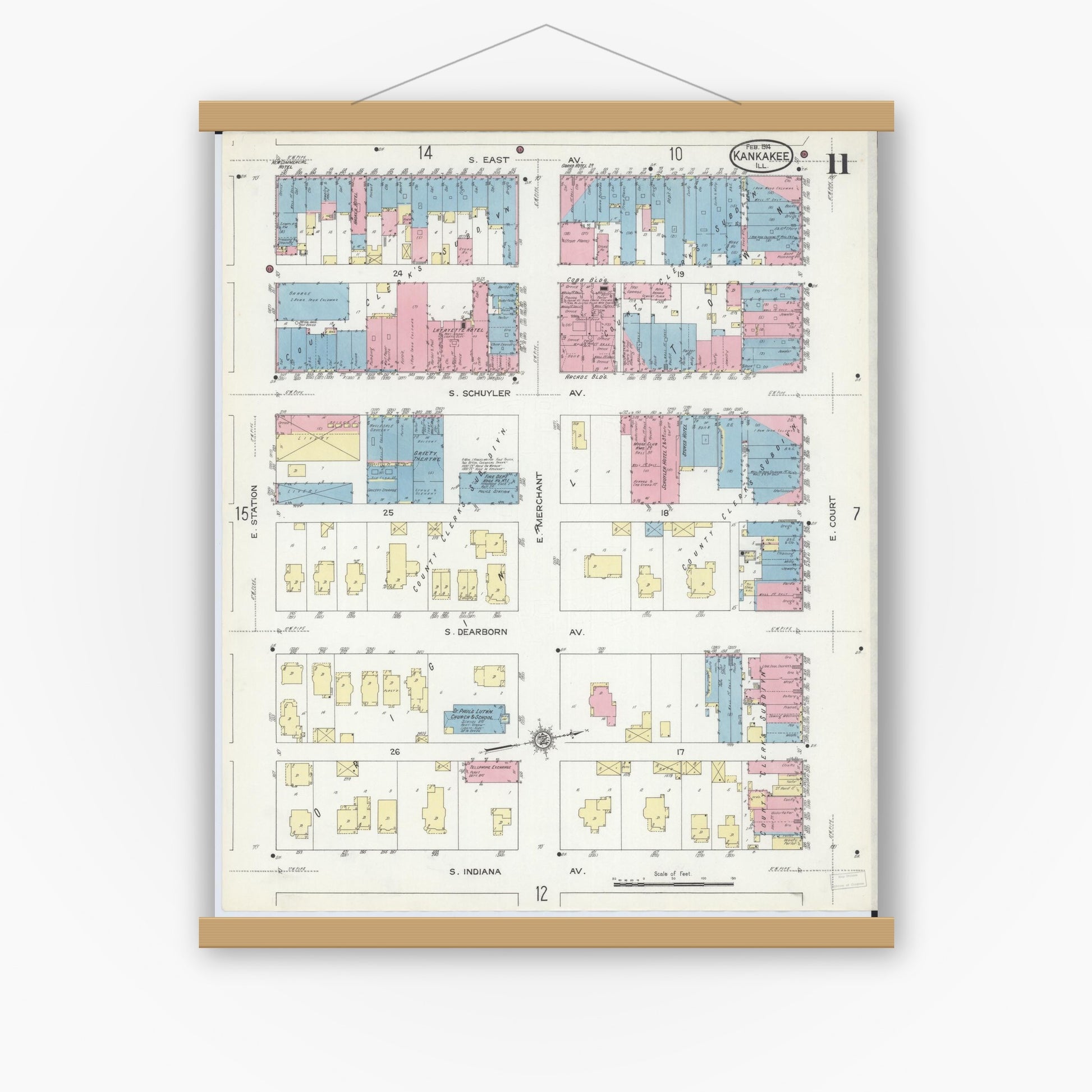 Old map wall art mockup — magnetic wood frame on white wall — Sanborn Fire Insurance Map from Kankakee, Kankakee County, Illinois (1914), Sheet #0011