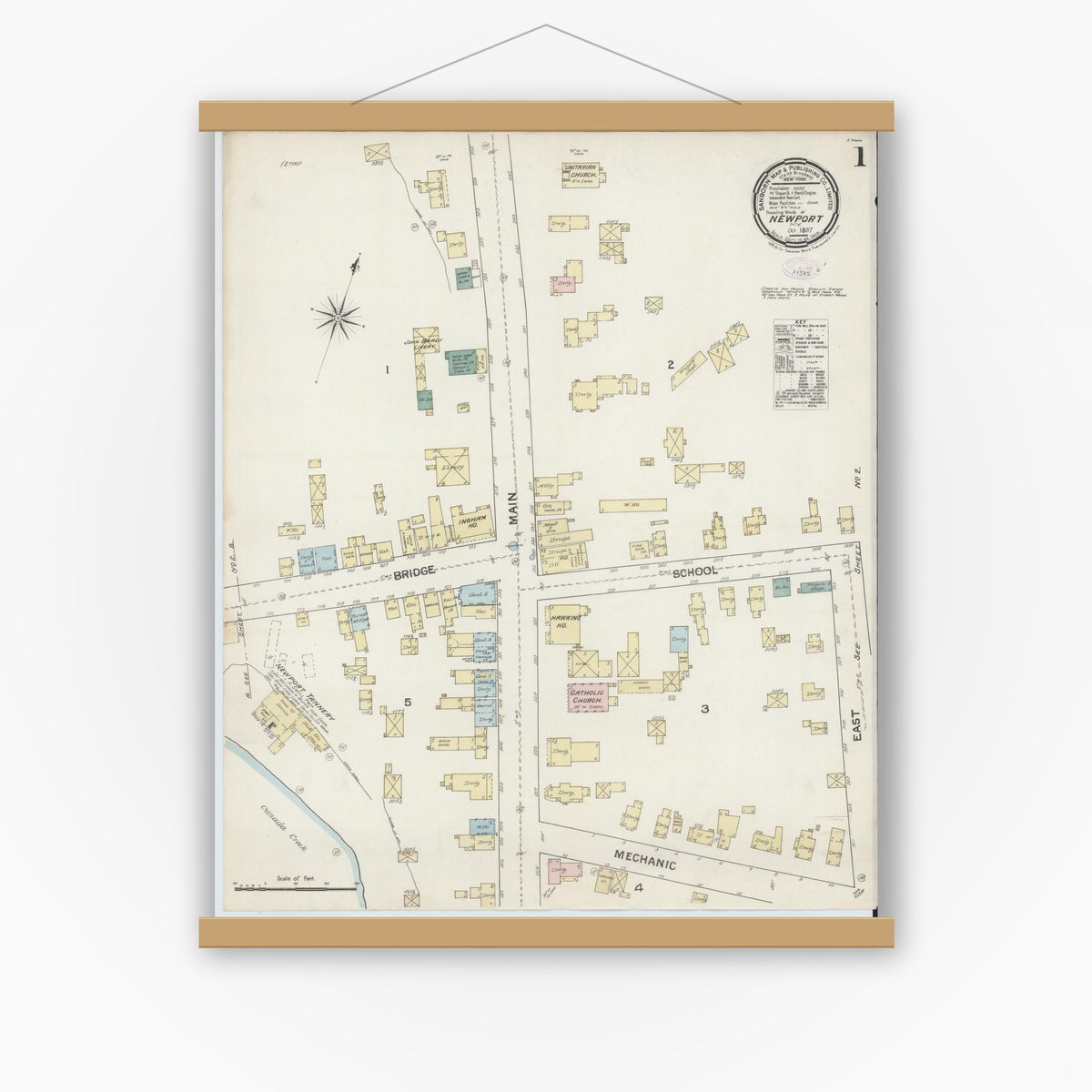 Old map wall art mockup — magnetic wood frame on white wall — Sanborn Fire Insurance Map from Newport, Herkimer County, New York (1887) - Complete Map Set