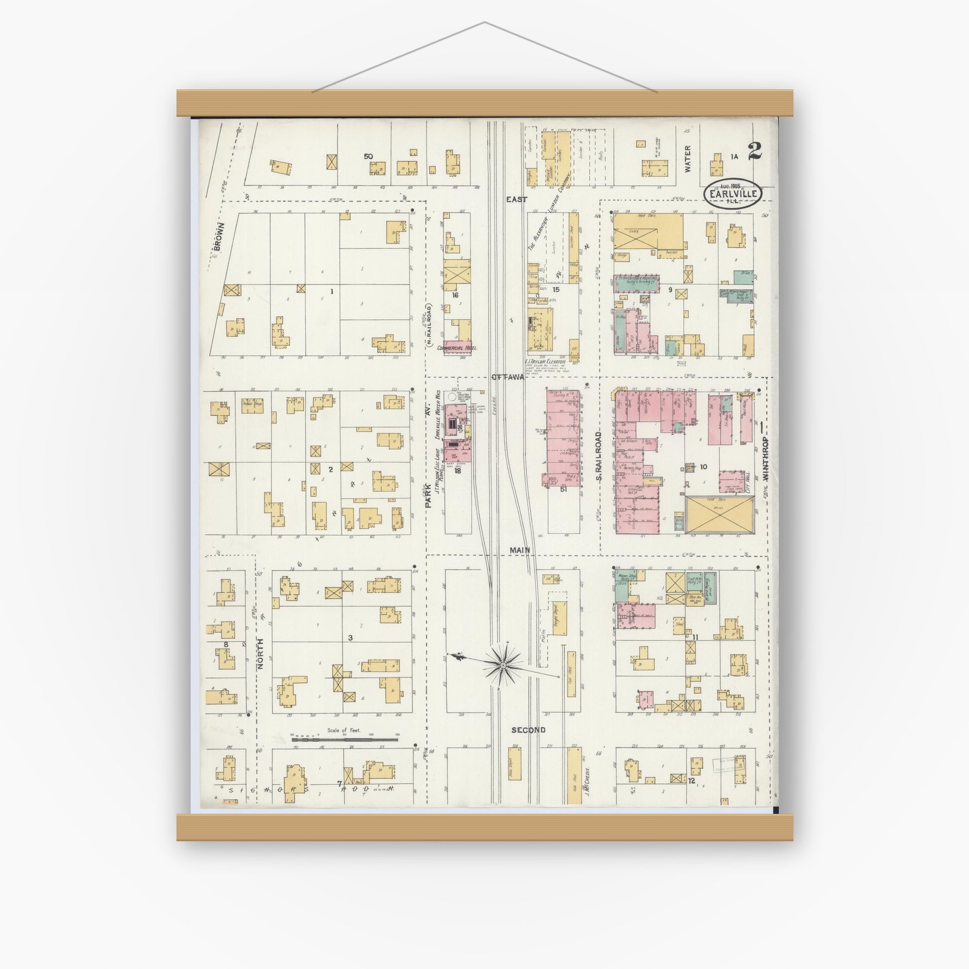 Old map wall art mockup — magnetic wood frame on white wall — Sanborn Fire Insurance Map from Earlville, La Salle County, Illinois (1905), Sheet #0002