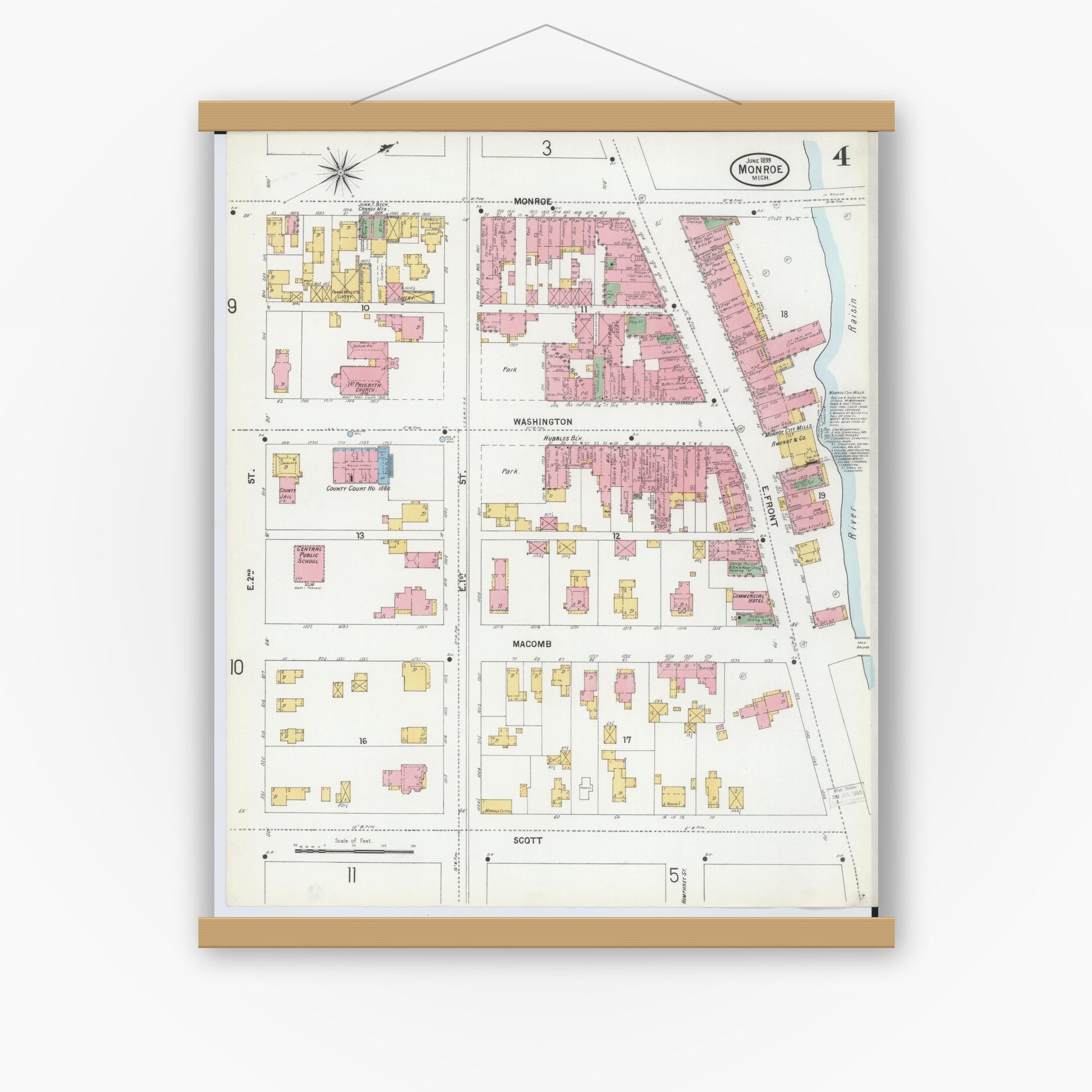 Old map wall art mockup — magnetic wood frame on white wall — Sanborn Fire Insurance Map from Monroe, Monroe County, Michigan (1899), Sheet #0004