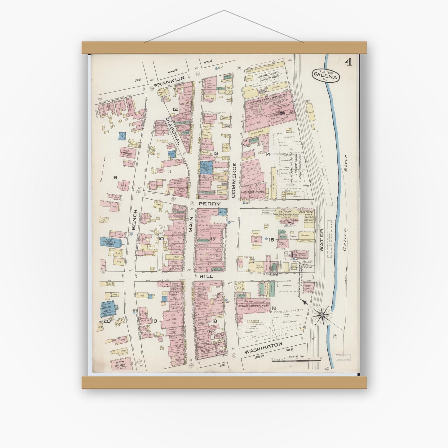 Old map wall art mockup — magnetic wood frame on white wall — Sanborn Fire Insurance Map from Galena, Jo Daviess County, Illinois (1885), Sheet #0004