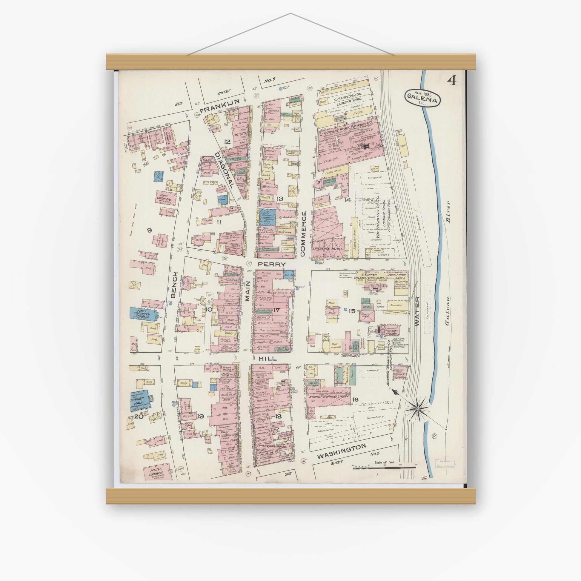Old map wall art mockup — magnetic wood frame on white wall — Sanborn Fire Insurance Map from Galena, Jo Daviess County, Illinois (1885), Sheet #0004