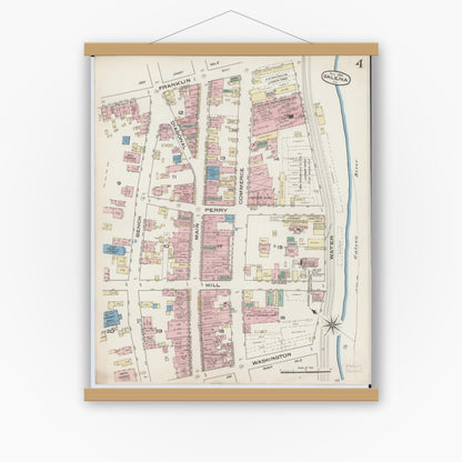 Old map wall art mockup — magnetic wood frame on white wall — Sanborn Fire Insurance Map from Galena, Jo Daviess County, Illinois (1885), Sheet #0004
