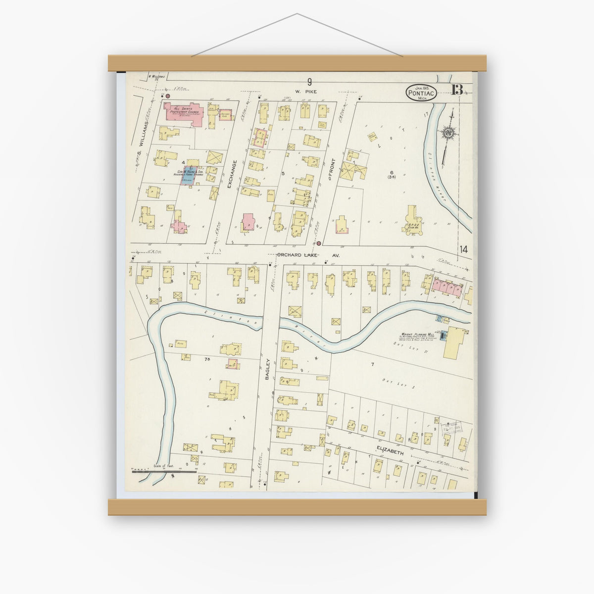 Old map wall art mockup — magnetic wood frame on white wall — Sanborn Fire Insurance Map from Pontiac, Oakland County, Michigan (1915), Sheet #0013