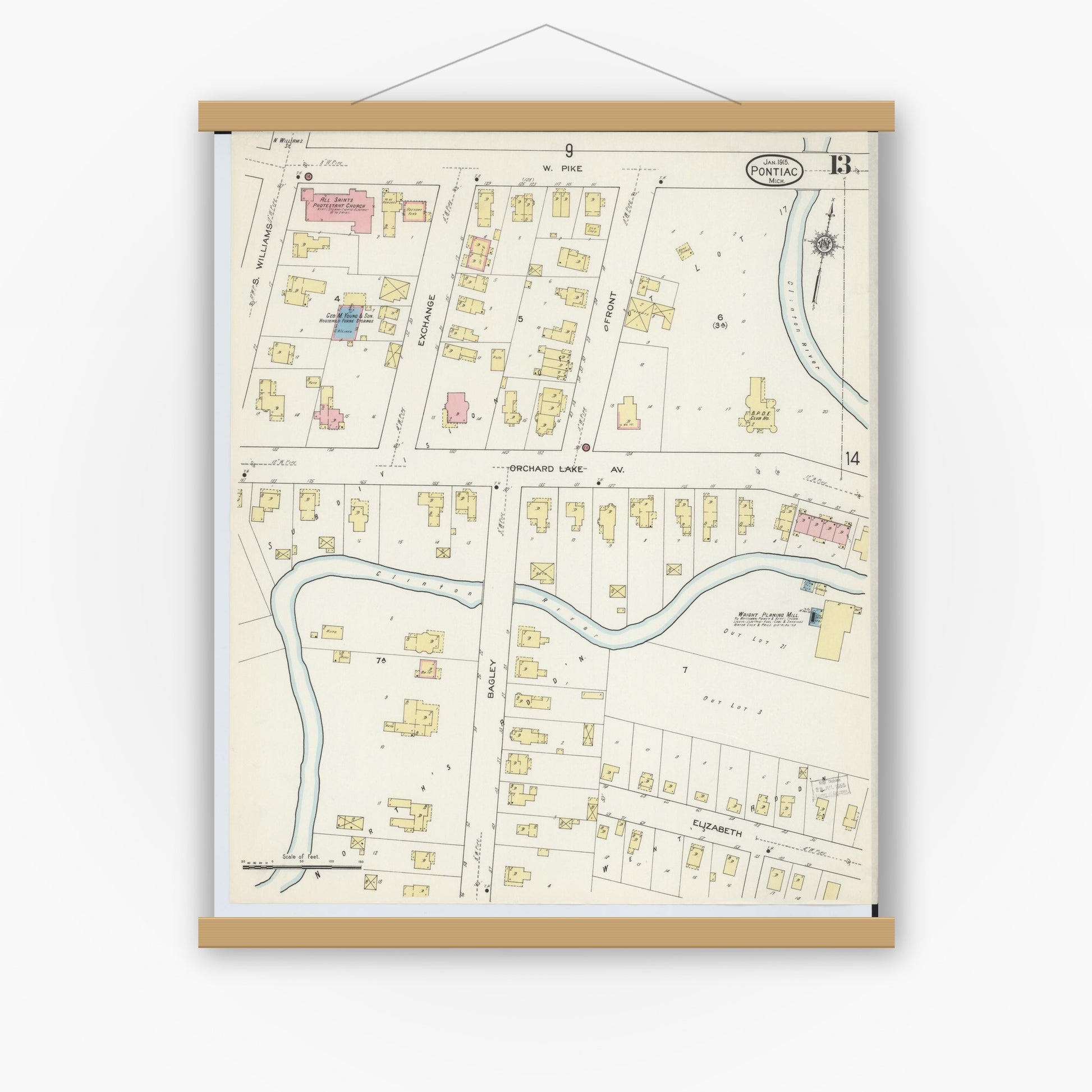 Old map wall art mockup — magnetic wood frame on white wall — Sanborn Fire Insurance Map from Pontiac, Oakland County, Michigan (1915), Sheet #0013