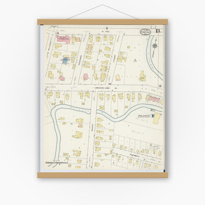 Old map wall art mockup — magnetic wood frame on white wall — Sanborn Fire Insurance Map from Pontiac, Oakland County, Michigan (1915), Sheet #0013