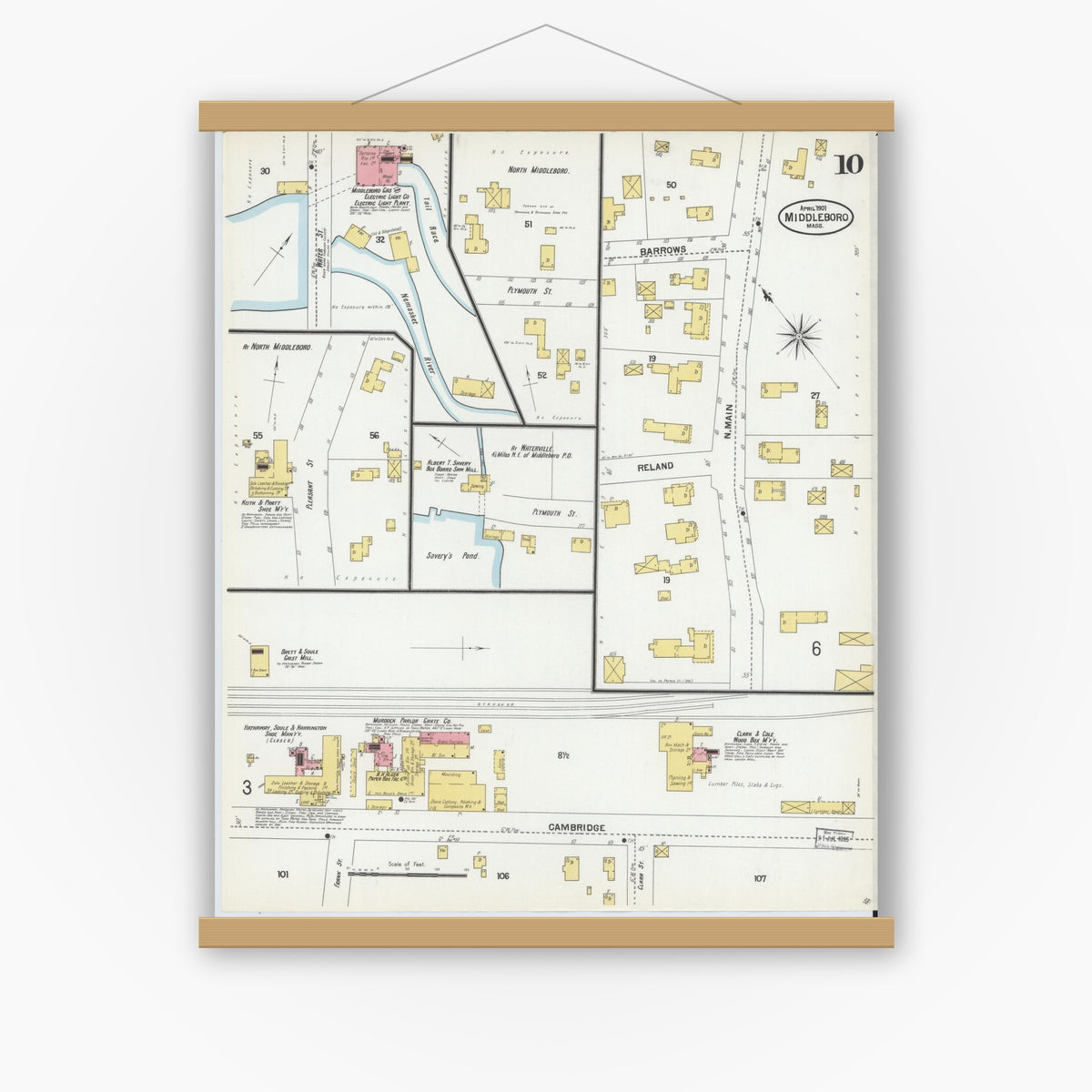 Old map wall art mockup — magnetic wood frame on white wall — Sanborn Fire Insurance Map from Middleboro, Plymouth County, Massachusetts (1901), Sheet #0010