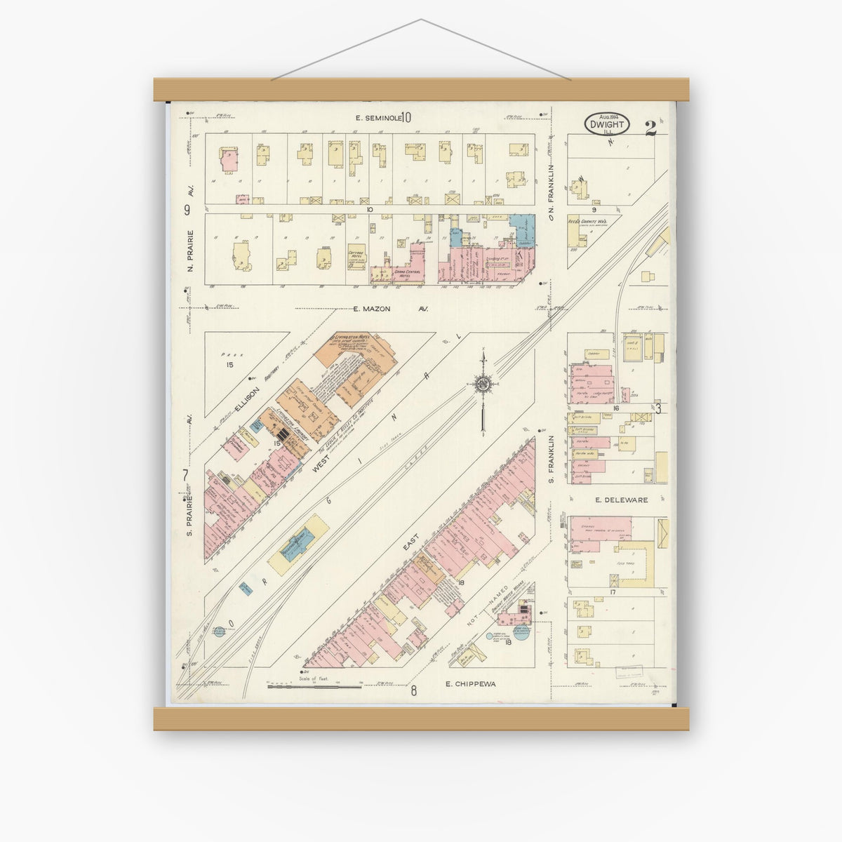 Old map wall art mockup — magnetic wood frame on white wall — Sanborn Fire Insurance Map from Dwight, Livingston County, Illinois (1914), Sheet #0002