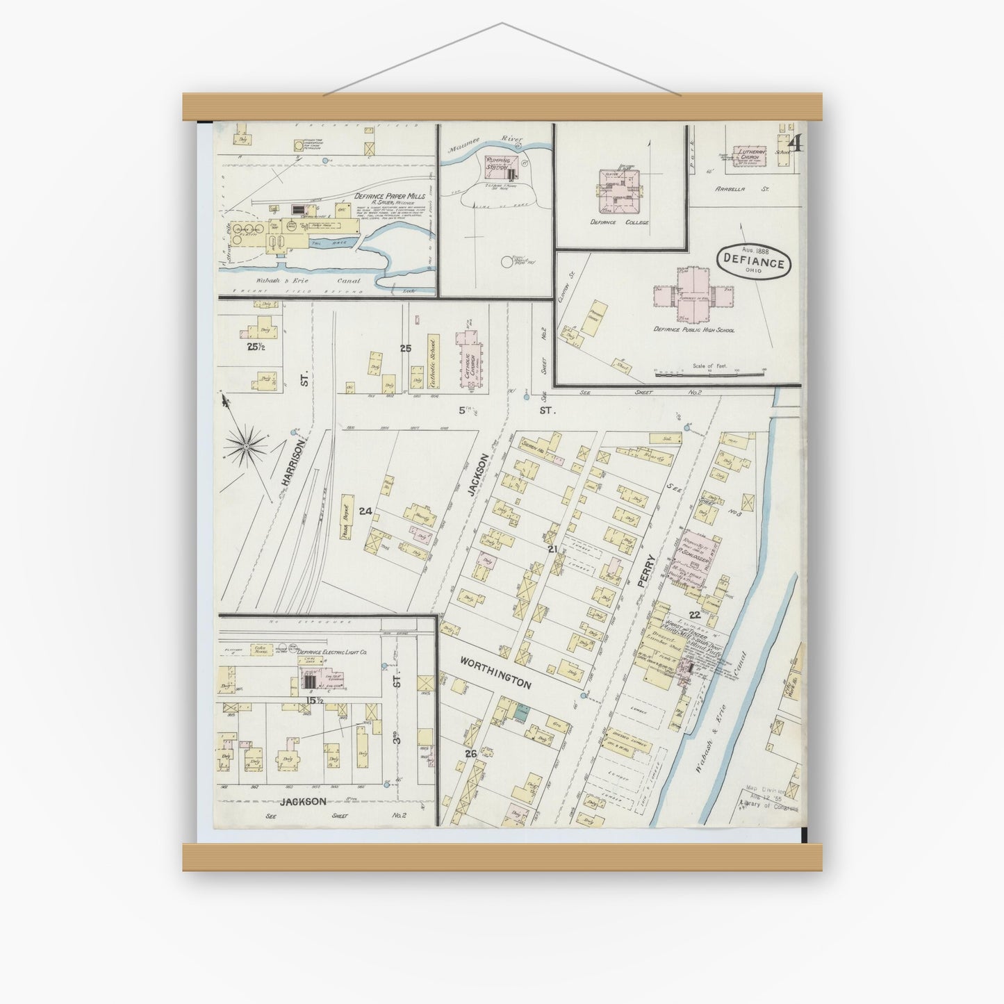 Old map wall art mockup — magnetic wood frame on white wall — Sanborn Fire Insurance Map from Defiance, Defiance County, Ohio (1888), Sheet #0004