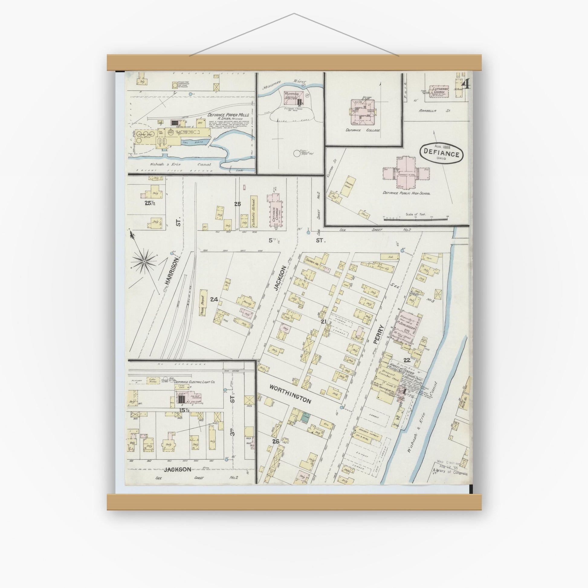 Old map wall art mockup — magnetic wood frame on white wall — Sanborn Fire Insurance Map from Defiance, Defiance County, Ohio (1888), Sheet #0004