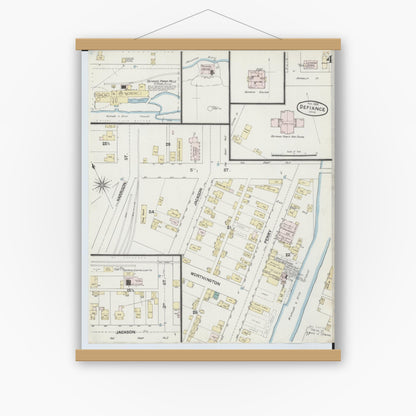 Old map wall art mockup — magnetic wood frame on white wall — Sanborn Fire Insurance Map from Defiance, Defiance County, Ohio (1888), Sheet #0004