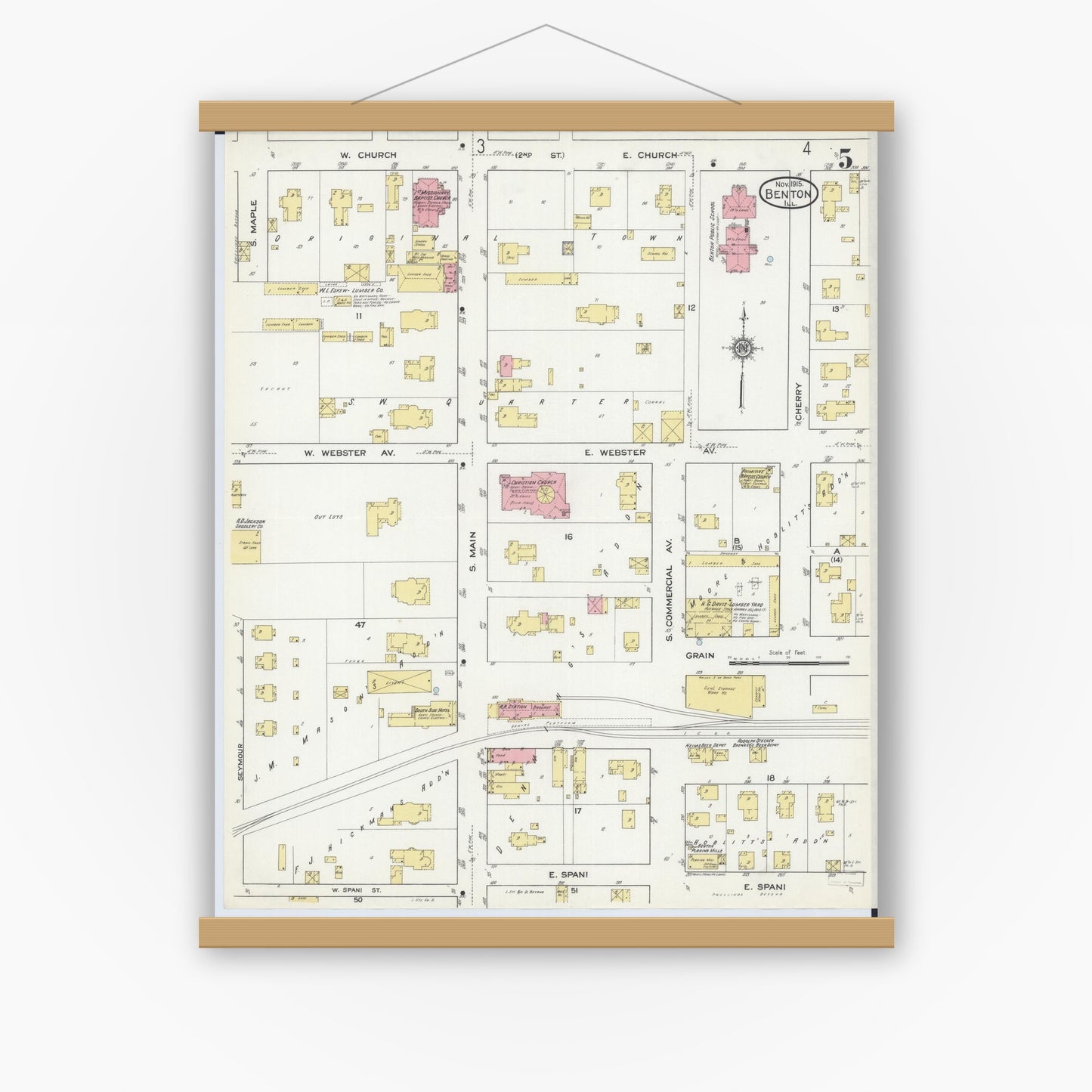 Old map wall art mockup — magnetic wood frame on white wall — Sanborn Fire Insurance Map from Benton, Franklin County, Illinois (1915), Sheet #0005
