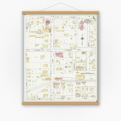 Old map wall art mockup — magnetic wood frame on white wall — Sanborn Fire Insurance Map from Benton, Franklin County, Illinois (1915), Sheet #0005