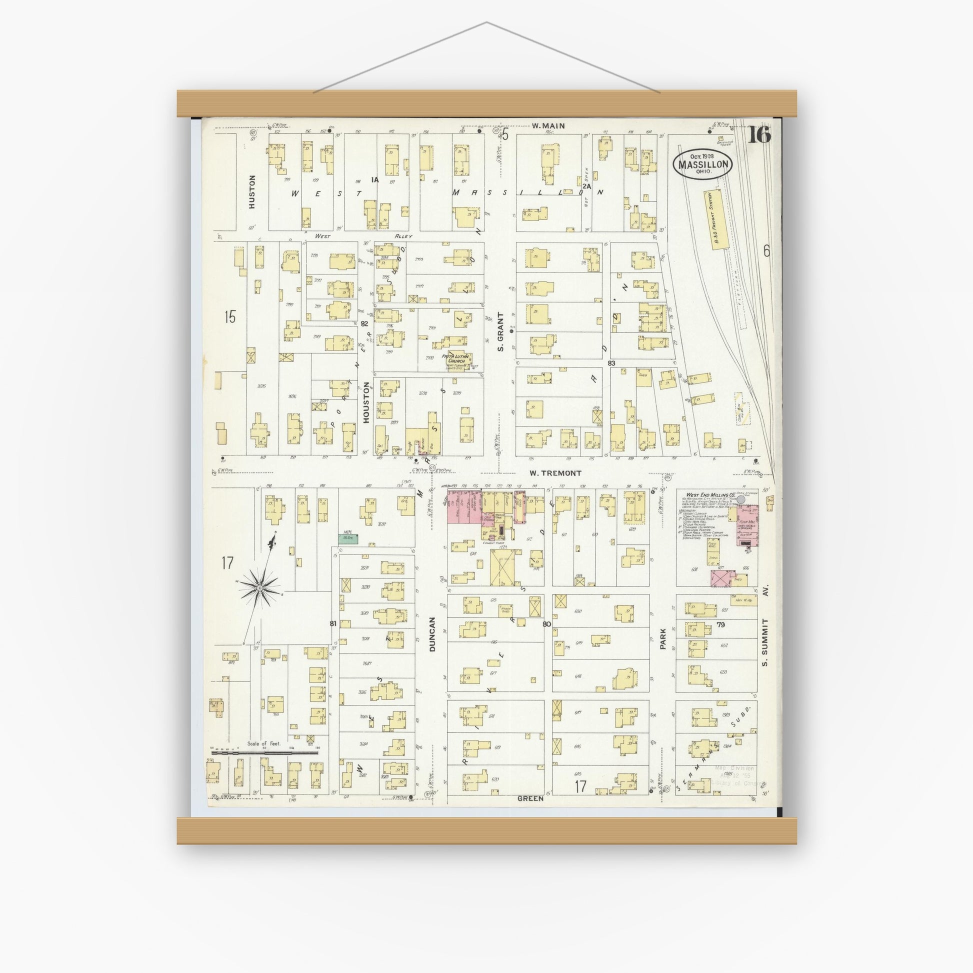 Old map wall art mockup — magnetic wood frame on white wall — Sanborn Fire Insurance Map from Massillon, Stark County, Ohio (1908), Sheet #0016