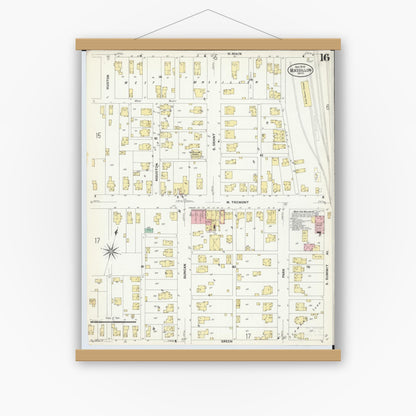 Old map wall art mockup — magnetic wood frame on white wall — Sanborn Fire Insurance Map from Massillon, Stark County, Ohio (1908), Sheet #0016