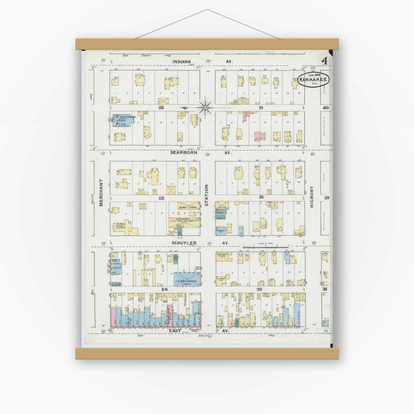 Old map wall art mockup — magnetic wood frame on white wall — Sanborn Fire Insurance Map from Kankakee, Kankakee County, Illinois (1892), Sheet #0004