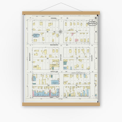 Old map wall art mockup — magnetic wood frame on white wall — Sanborn Fire Insurance Map from Kankakee, Kankakee County, Illinois (1892), Sheet #0004