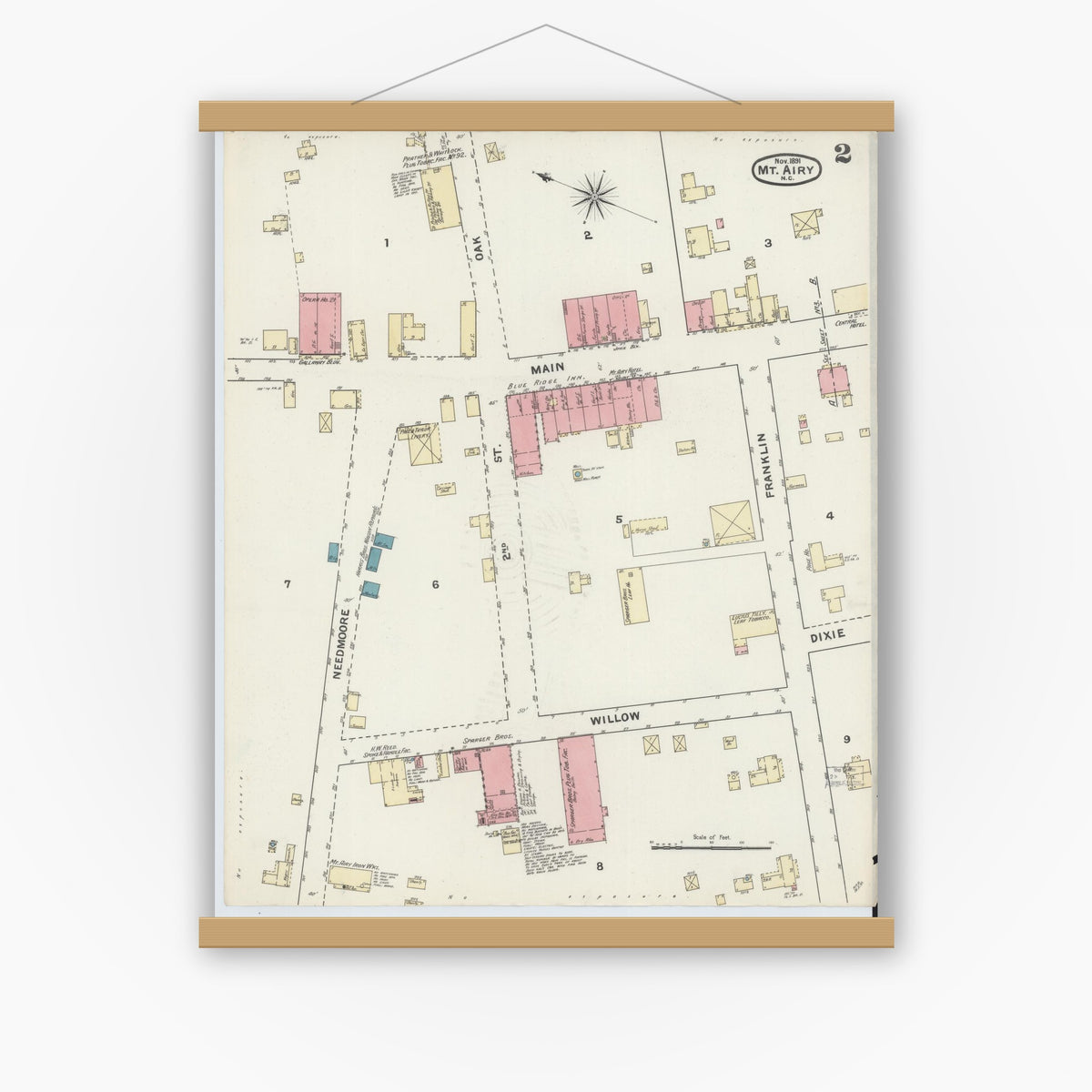 Old map wall art mockup — magnetic wood frame on white wall — Sanborn Fire Insurance Map from Mount Airy, Surry County, North Carolina (1891), Sheet #0002