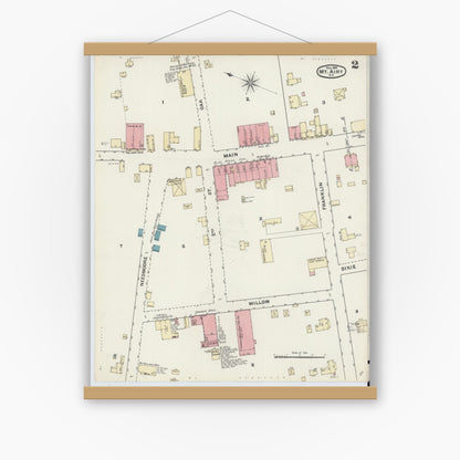 Old map wall art mockup — magnetic wood frame on white wall — Sanborn Fire Insurance Map from Mount Airy, Surry County, North Carolina (1891), Sheet #0002