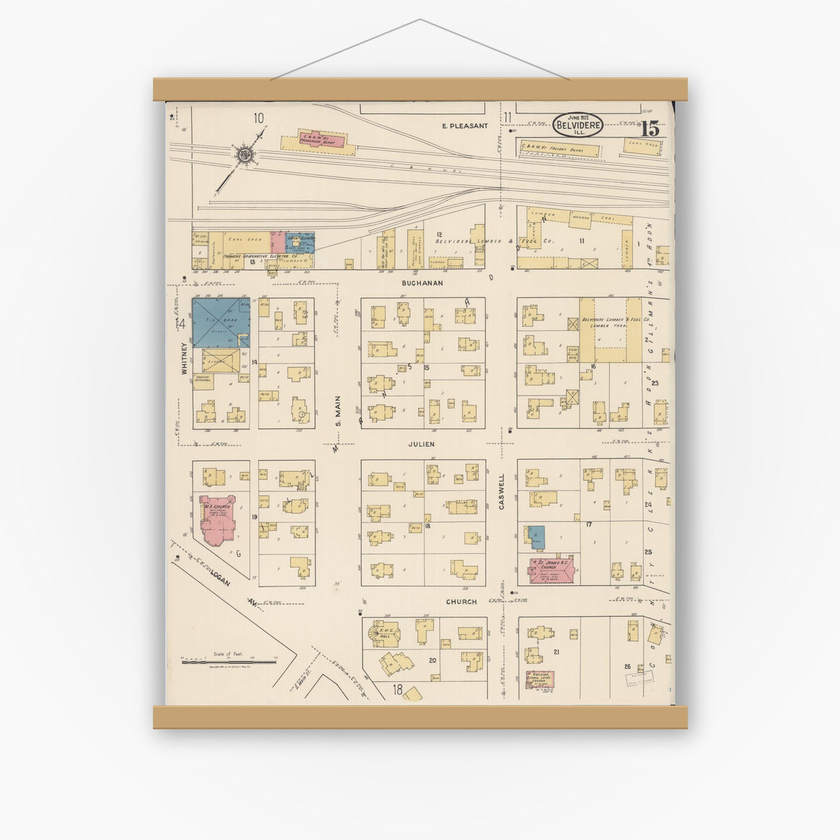 Old map wall art mockup — magnetic wood frame on white wall — Sanborn Fire Insurance Map from Belvidere, Boone County, Illinois (1922), Sheet #0015