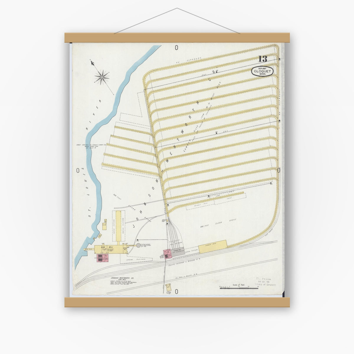 Old map wall art mockup — magnetic wood frame on white wall — Sanborn Fire Insurance Map from Cloquet, Carlton County, Minnesota (1897), Sheet #0013