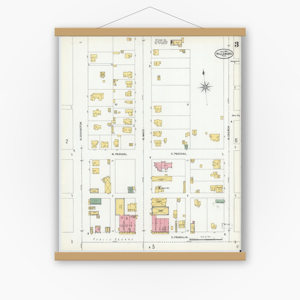 Old map wall art mockup — magnetic wood frame on white wall — Sanborn Fire Insurance Map from Hillsboro, Hill County, Texas (1900), Sheet #0003