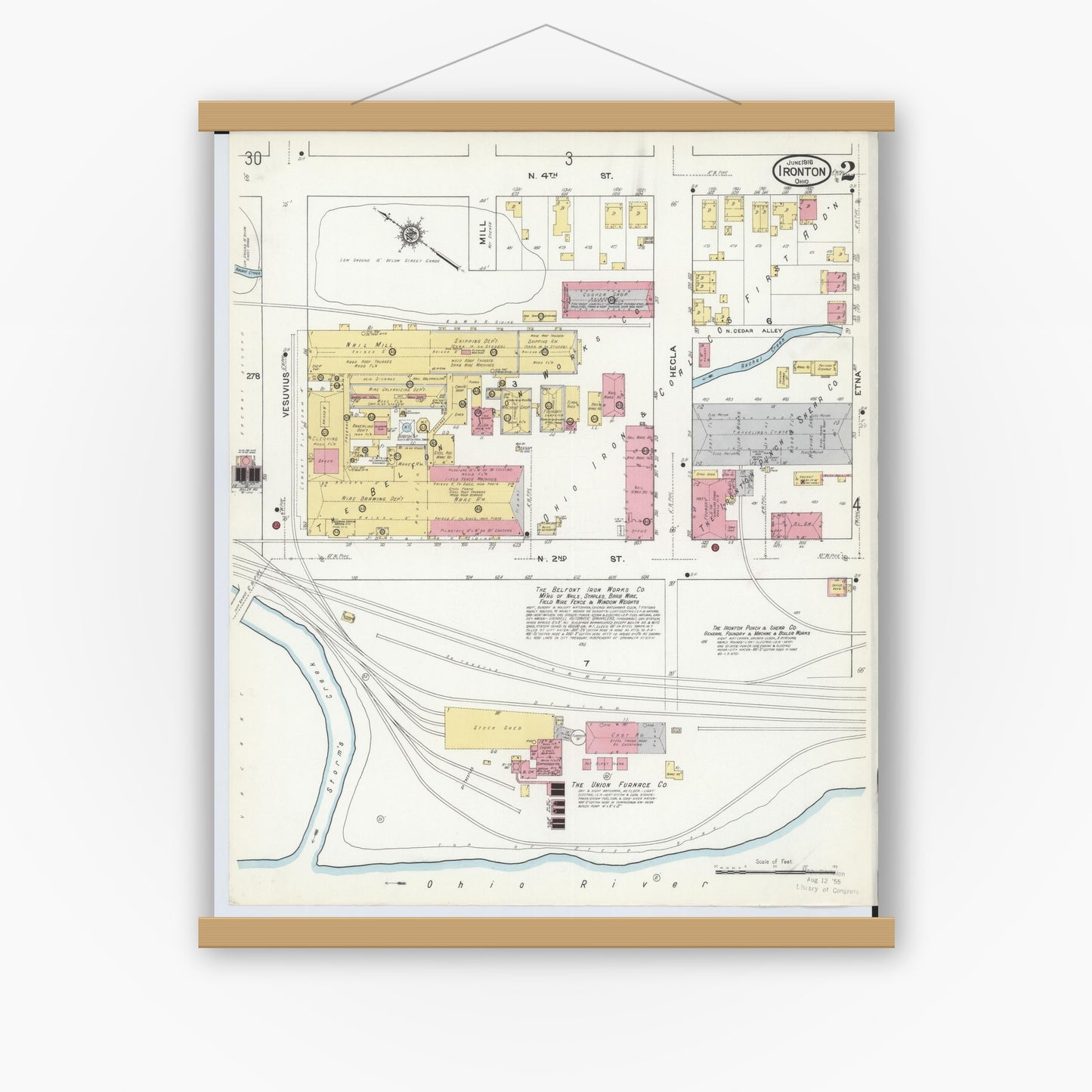 Old map wall art mockup — magnetic wood frame on white wall — Sanborn Fire Insurance Map from Ironton, Lawrence County, Ohio (1916), Sheet #0002