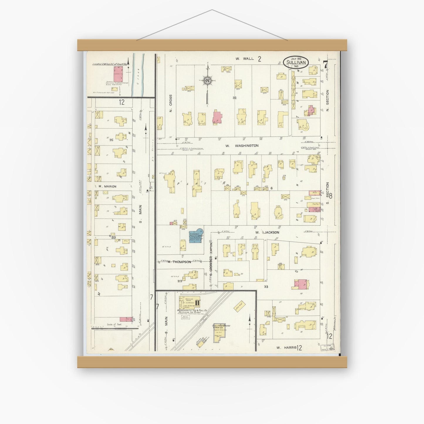 Old map wall art mockup — magnetic wood frame on white wall — Sanborn Fire Insurance Map from Sullivan, Sullivan County, Indiana (1913), Sheet #0007