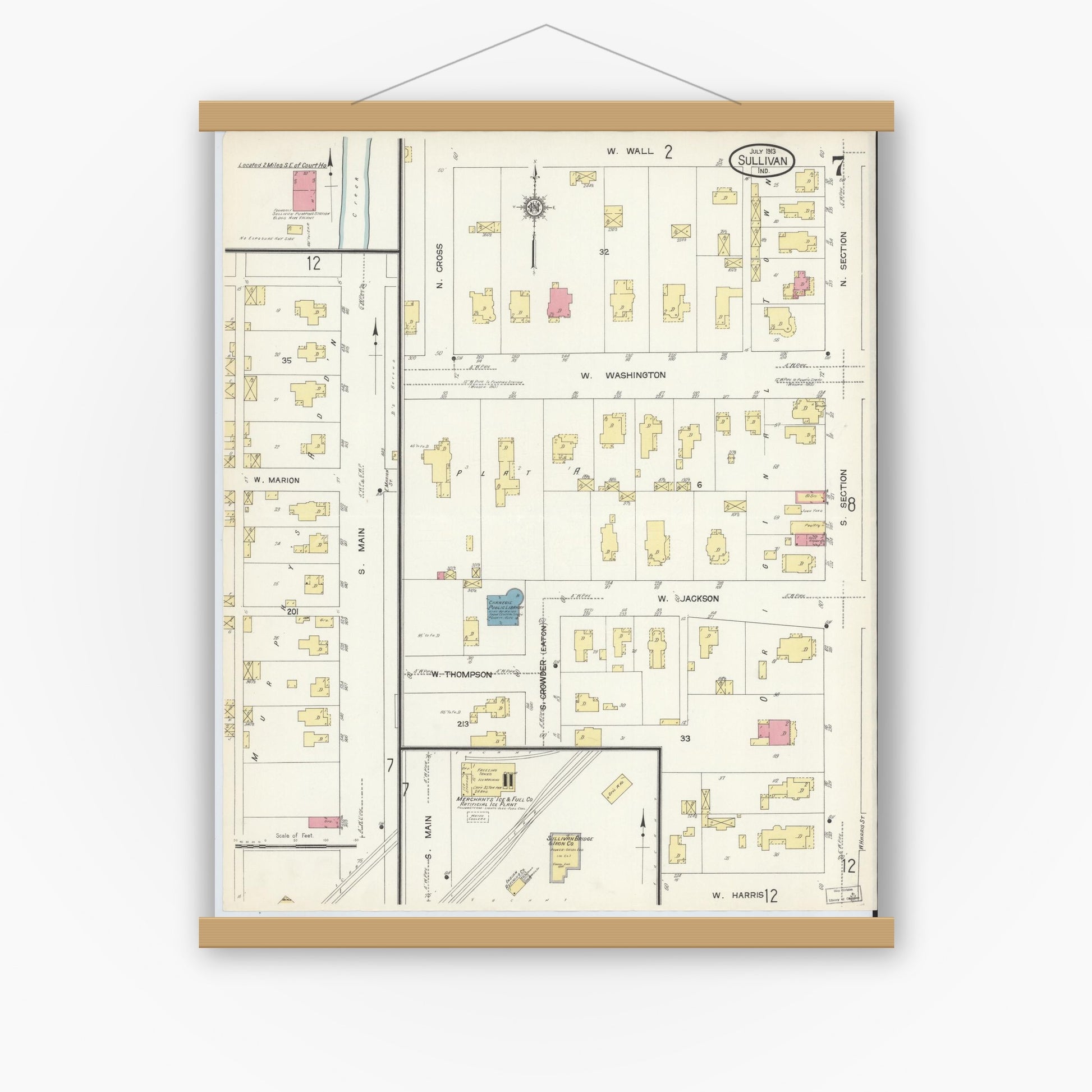 Old map wall art mockup — magnetic wood frame on white wall — Sanborn Fire Insurance Map from Sullivan, Sullivan County, Indiana (1913), Sheet #0007
