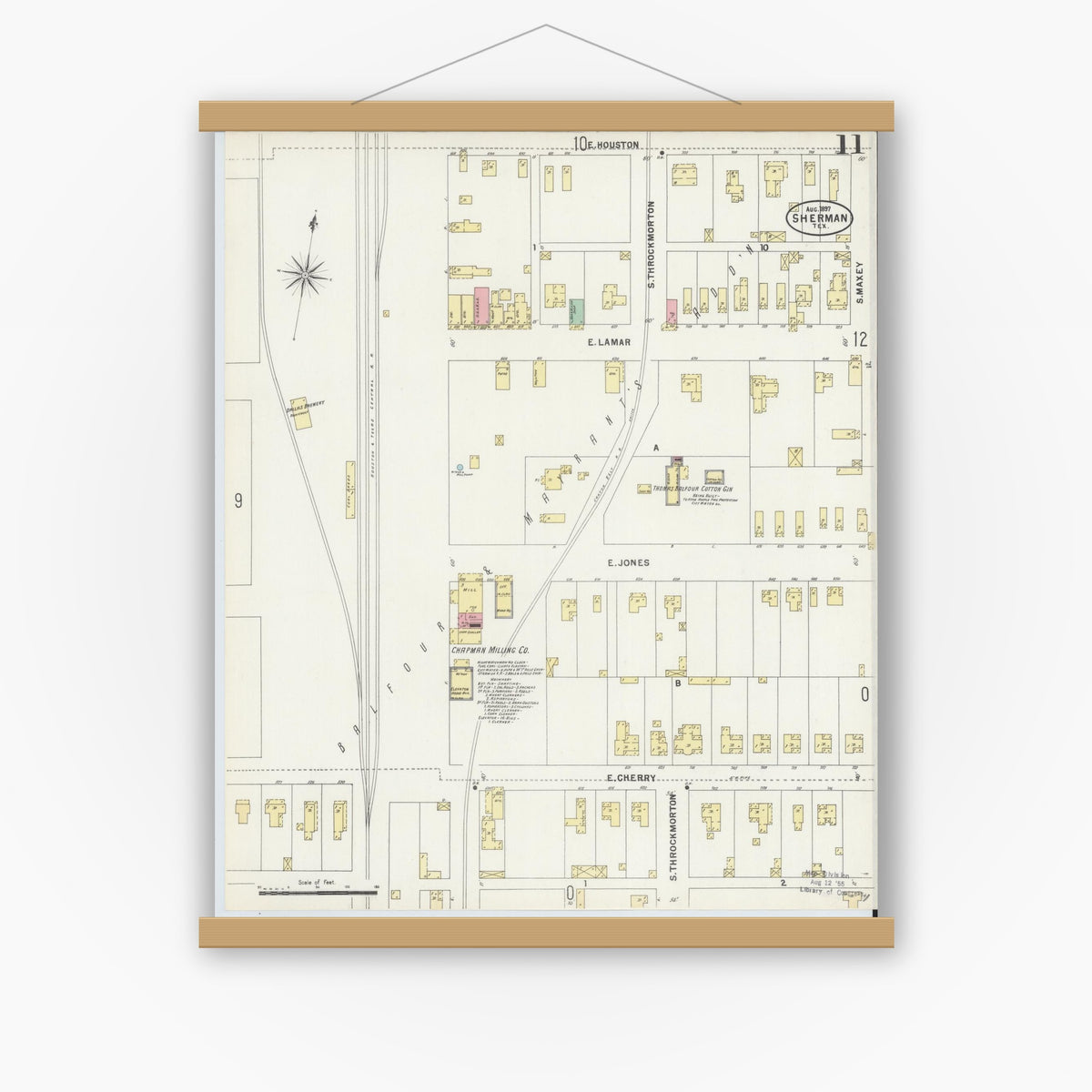 Old map wall art mockup — magnetic wood frame on white wall — Sanborn Fire Insurance Map from Sherman, Grayson County, Texas (1897), Sheet #0011