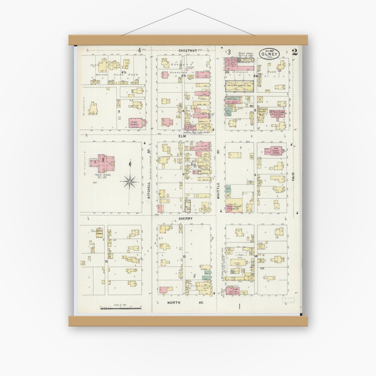 Old map wall art mockup — magnetic wood frame on white wall — Sanborn Fire Insurance Map from Olney, Richland County, Illinois (1897), Sheet #0002