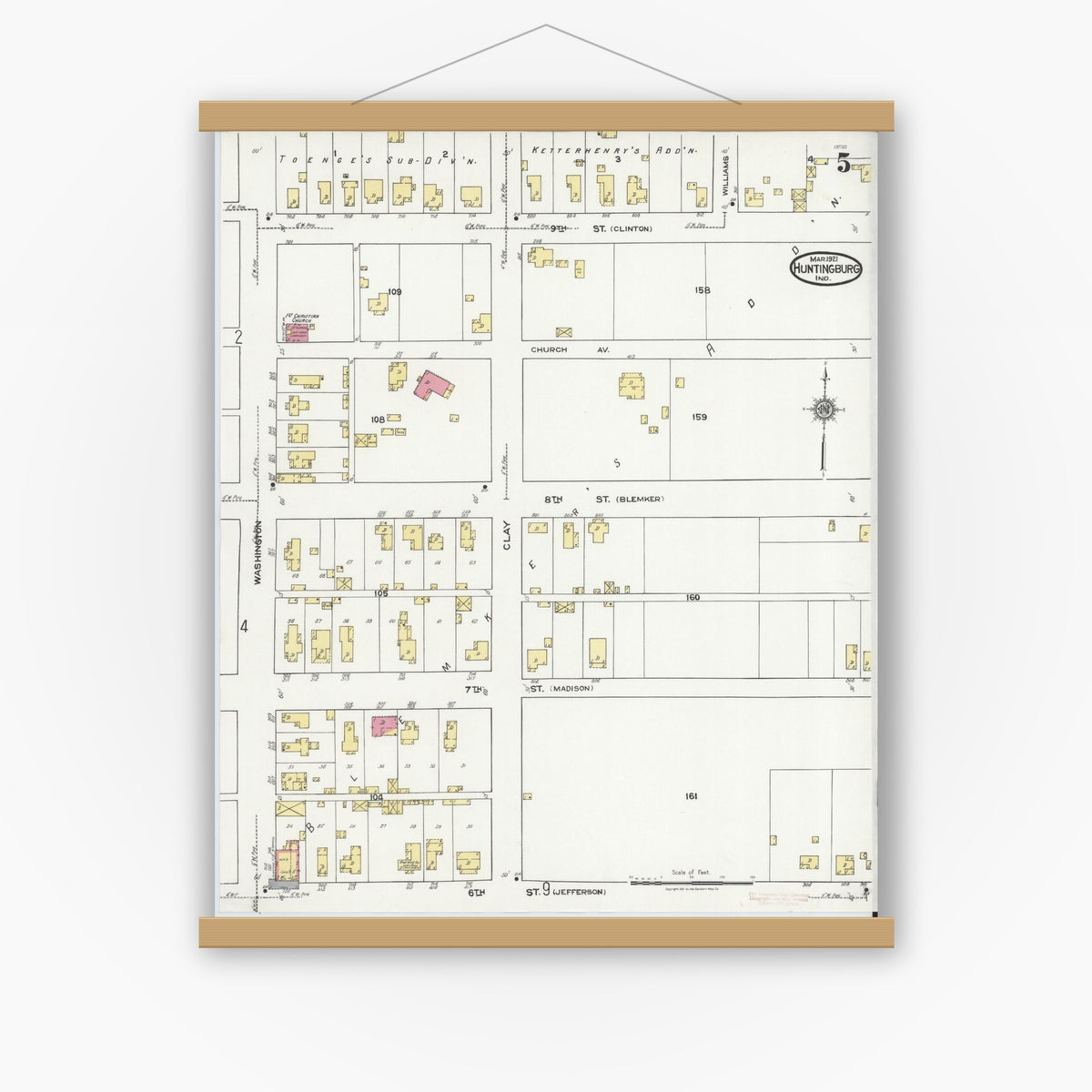 Old map wall art mockup — magnetic wood frame on white wall — Sanborn Fire Insurance Map from Huntingburg, Dubois County, Indiana (1921), Sheet #0005