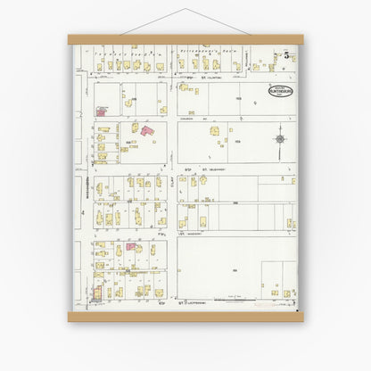 Old map wall art mockup — magnetic wood frame on white wall — Sanborn Fire Insurance Map from Huntingburg, Dubois County, Indiana (1921), Sheet #0005